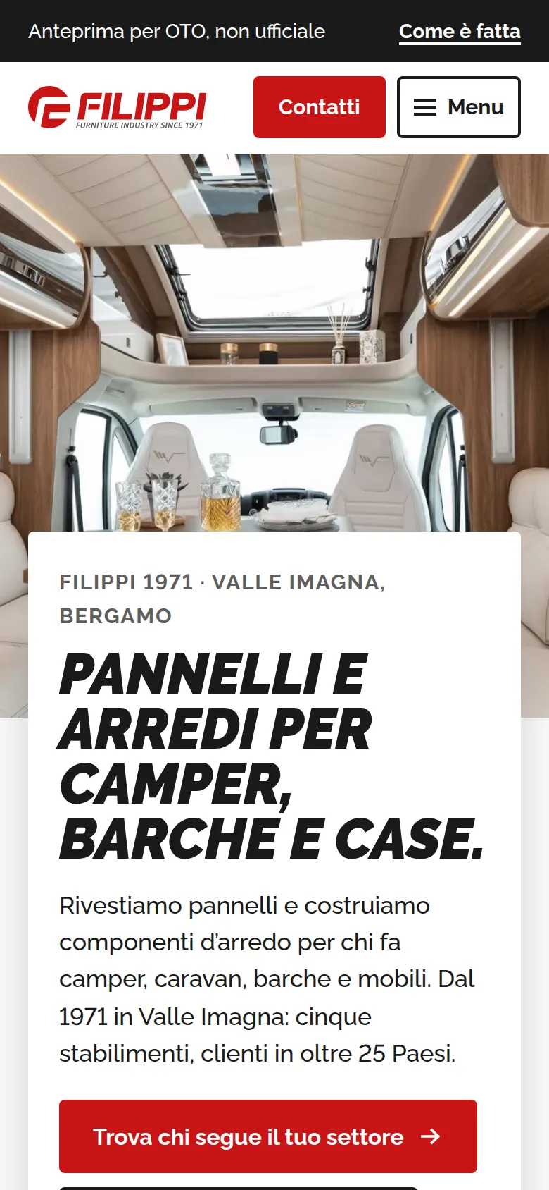 La prima schermata dell’anteprima dal telefono: l’interno di un camper e il titolo «Pannelli e arredi per camper, barche e case».