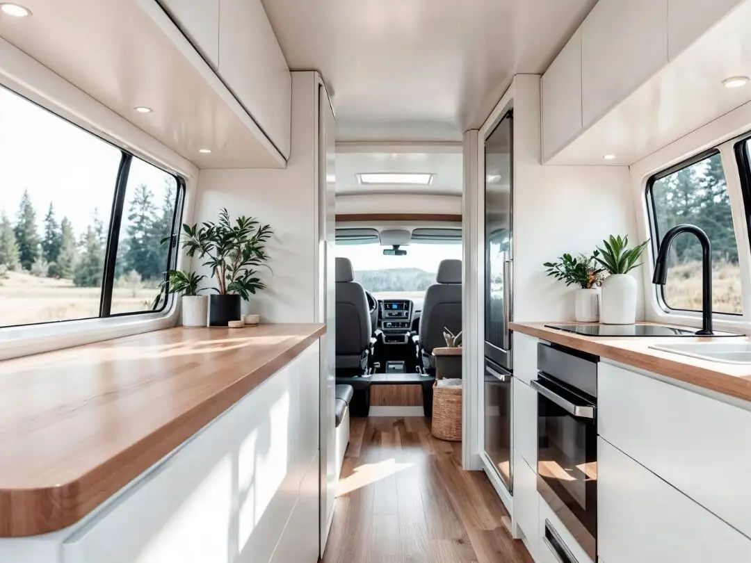 L’interno di un furgone camperizzato: pensili chiari, piano cucina in legno, il corridoio fino alla cabina.